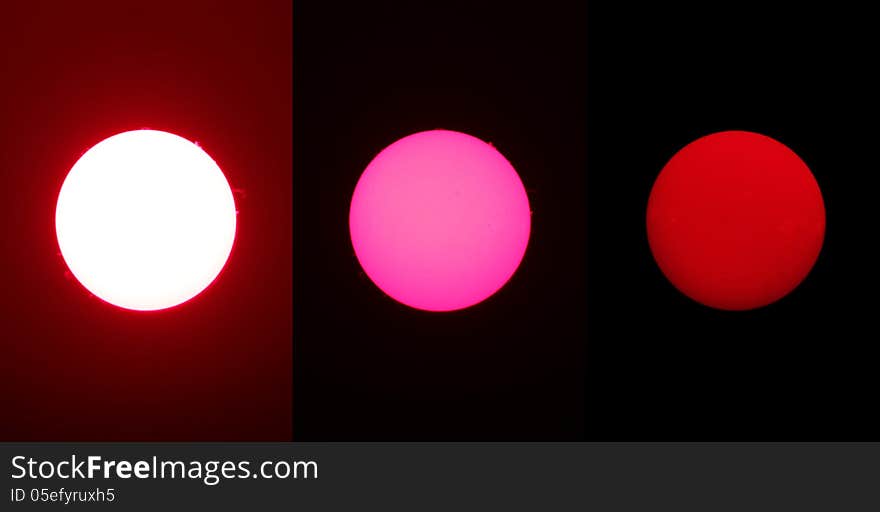 Three photographs of the Sun taken with a normal SLR through a specialized H-alpha (wavelength) telescope at different exposures. Visible sun eruptions on the middle and overexposed image, while the under-expose image captures the well defined sun spots and the sun's texture (turbulences). Three photographs of the Sun taken with a normal SLR through a specialized H-alpha (wavelength) telescope at different exposures. Visible sun eruptions on the middle and overexposed image, while the under-expose image captures the well defined sun spots and the sun's texture (turbulences).