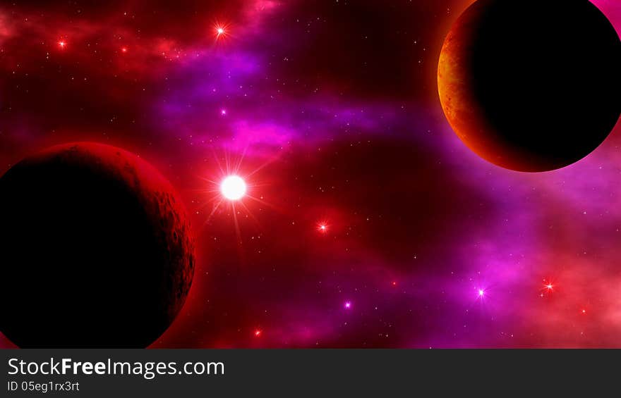 Illustration of open space with a flaming dark planet, stars, quasars and nebulas