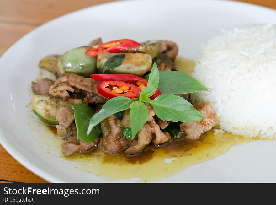 Stir-fried green curry with pork. Stir-fried green curry with pork