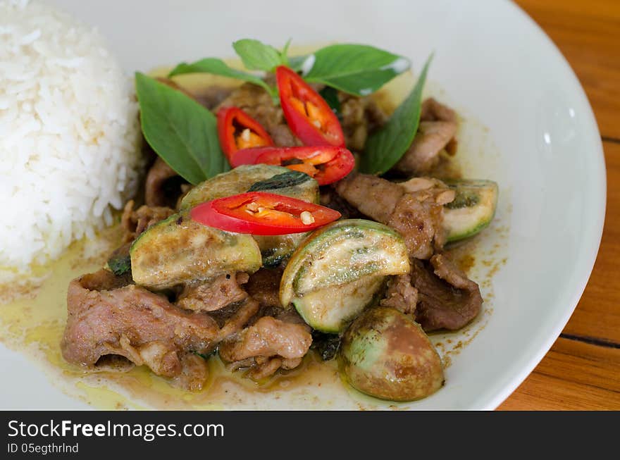 Stir-fried green curry with pork. Stir-fried green curry with pork