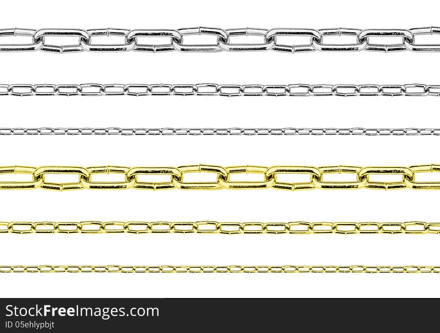 Golden and silver steel chains set isolated