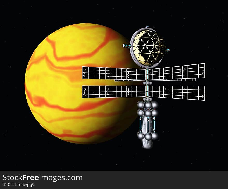 Yellow Planet with Space Probe