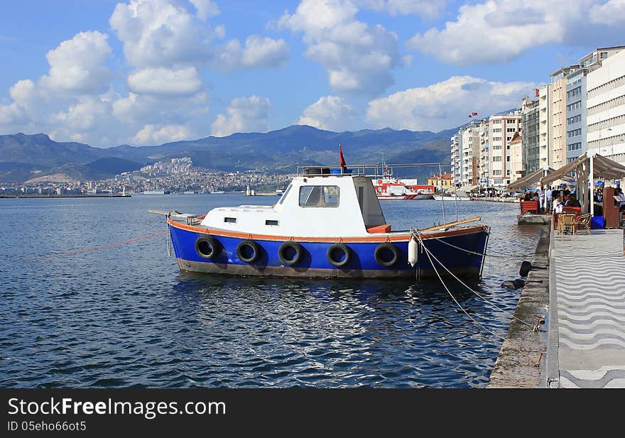 Boat in Izmir with Alsancak view Turkey. Boat in Izmir with Alsancak view Turkey