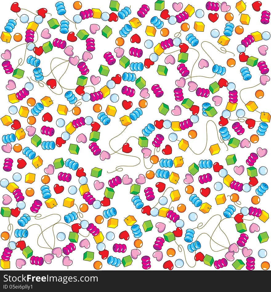 The illustration shows the pattern of colorful beads and thread on a white background.