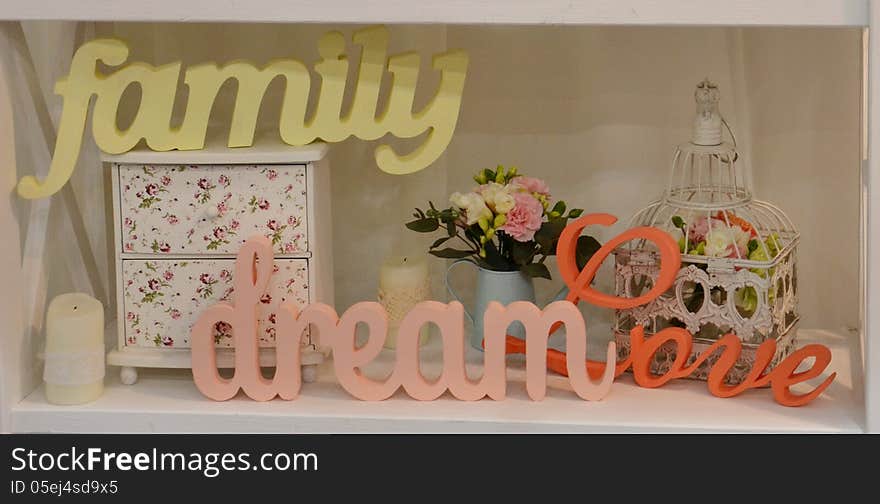 Arving words family, dream, love, cage with flowers, candles. Arving words family, dream, love, cage with flowers, candles