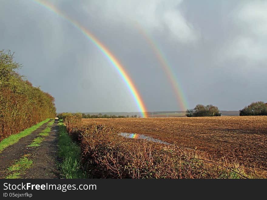 Double rainbow over meadow