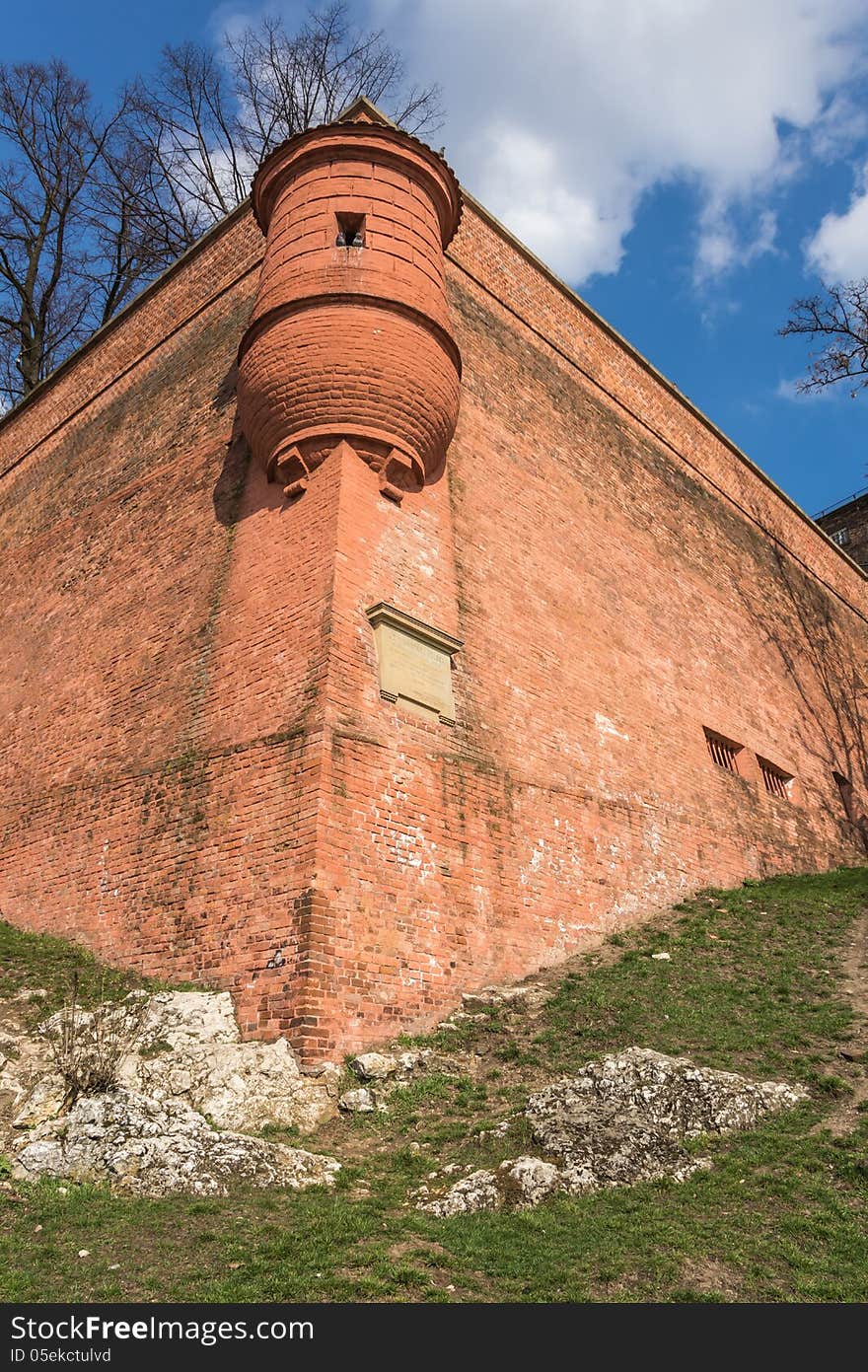 Fortifications of ancient Wawel Royal Castle in Krakow, Poland.