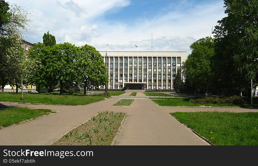 Paths in park with a view on establishment