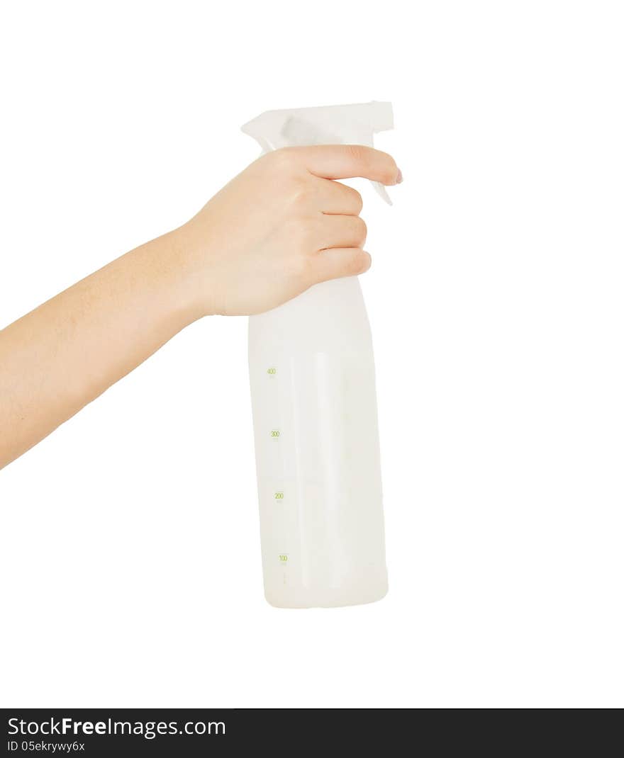 Woman hand-held spray bottle. Woman hand-held spray bottle