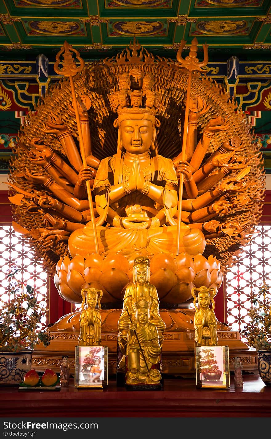 Golden Wood Statue of Kuan Yin with 1000 hands