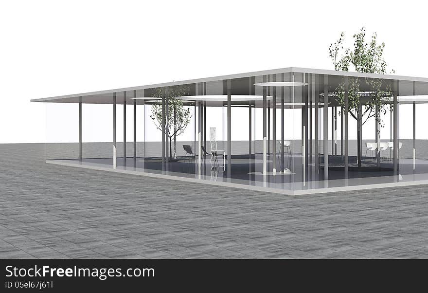 Conceptual modern building with clear glass and column on white background