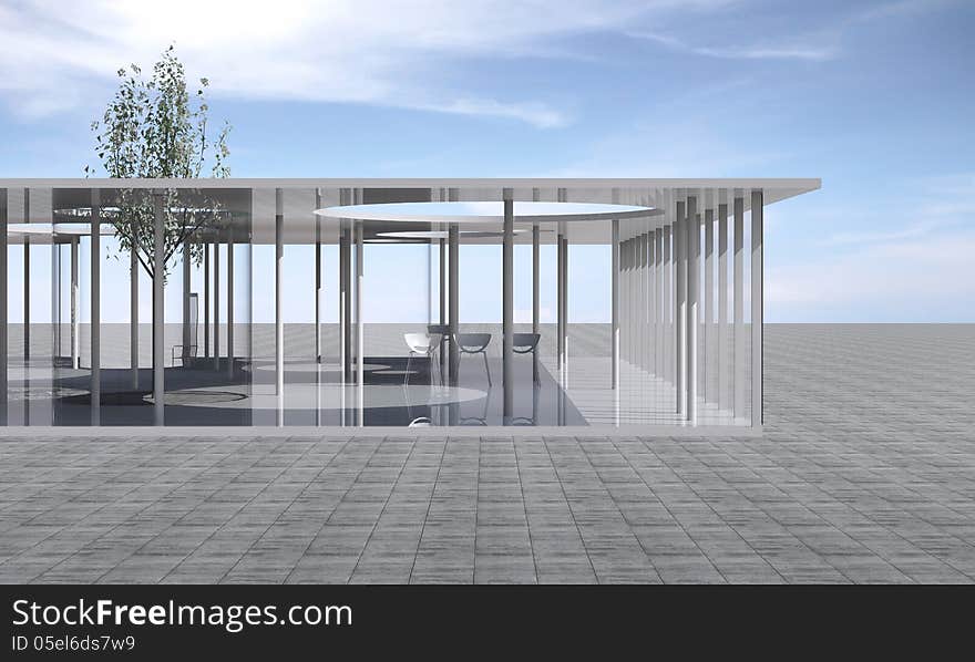 Futuristic Architecture, Conceptual modern building with clear glass and columns. Futuristic Architecture, Conceptual modern building with clear glass and columns