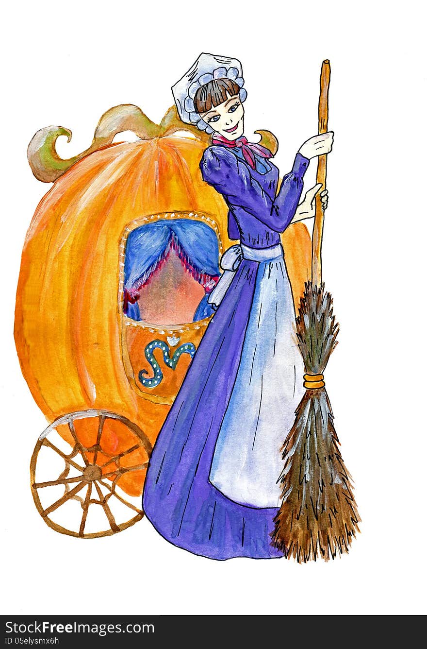 Watercolor of Cinderella with pumpkin carrage. Watercolor of Cinderella with pumpkin carrage