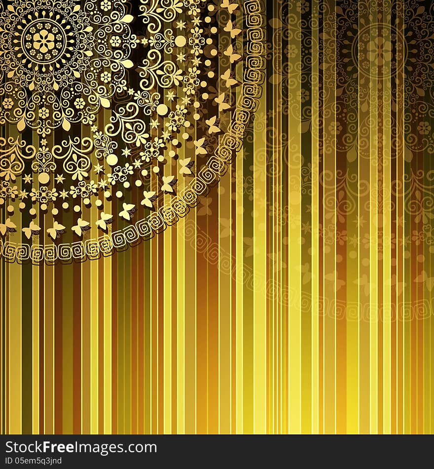 Brown-yellow striped pattern with a fragment of gold mandala (vector EPS 10). Brown-yellow striped pattern with a fragment of gold mandala (vector EPS 10)