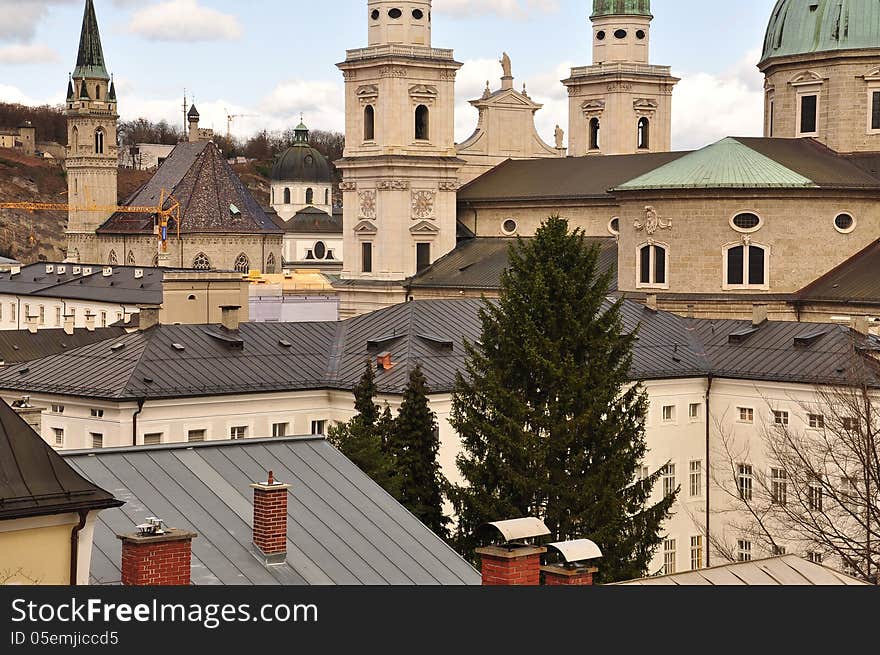 Salzburg city centre architecture, baroque churches. Austria. Salzburg city centre architecture, baroque churches. Austria.