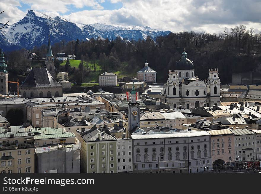 Salzburg cityscape and the Alps, Austria.