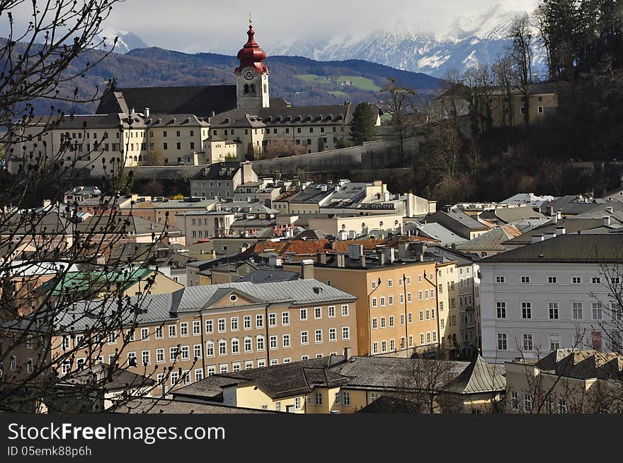 Salzburg Cityscape And The Alps, Austria.