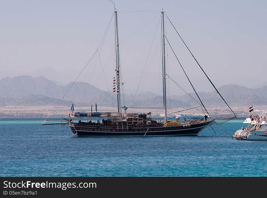 Vessel in the Egypt Red Sea an the mountains background