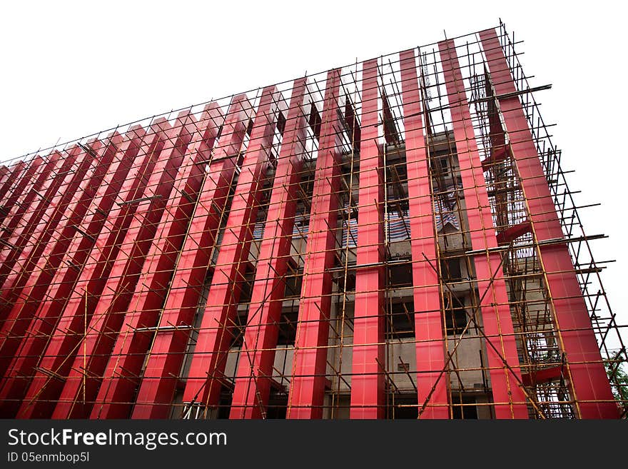 The red building is under construction. The red building is under construction.