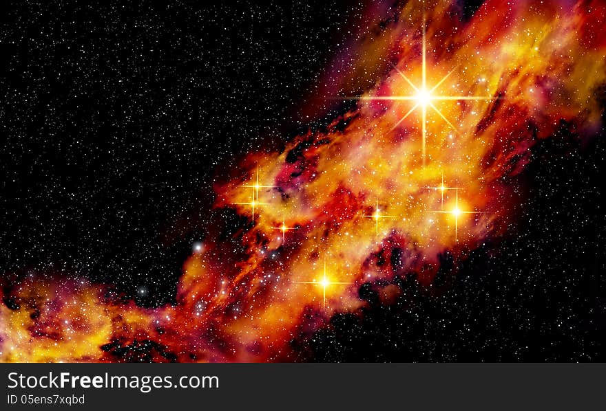 Illustration of open space with a flaming colored nebula