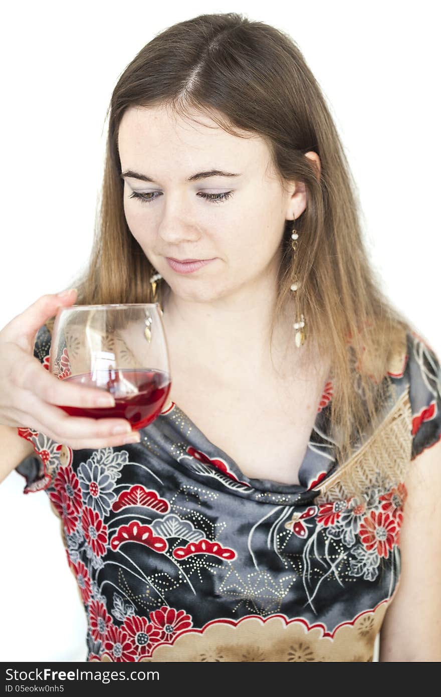 Young Woman With Beautiful Green Eyes Drinking Glass Of Wine