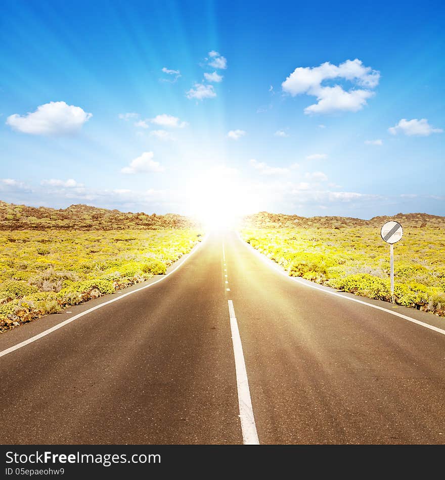 Asphalt road to the sun, Lanzarote, Spain