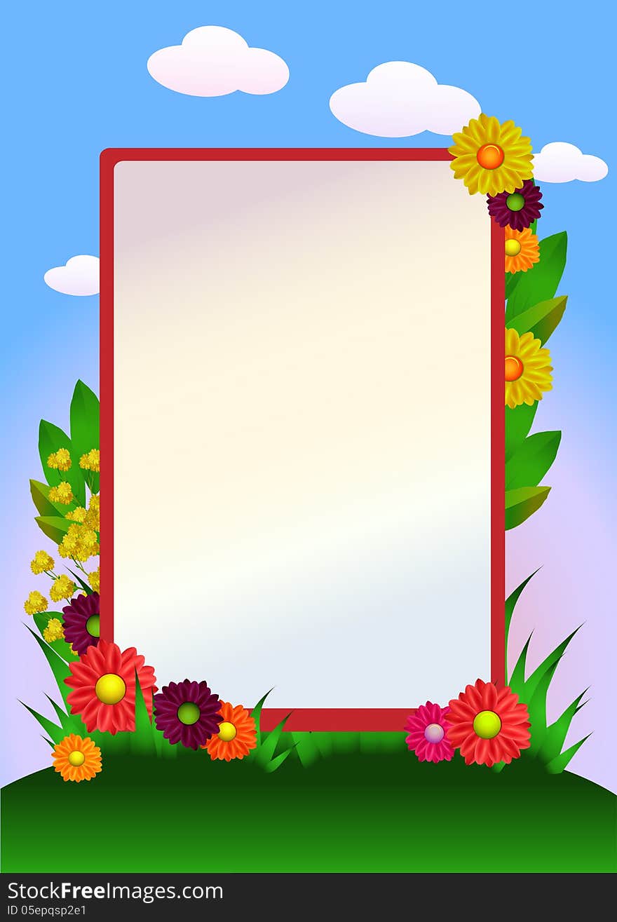 Decorative flowers border with grass and sky