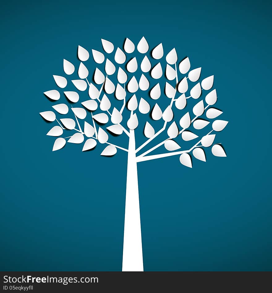 Abstract White Paper Tree, On Blue Background