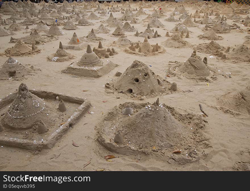 Sand Pagodas Building At Songkran Festival