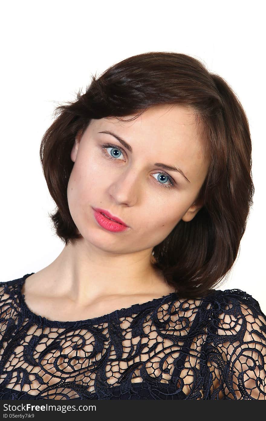 Close up portrait of young beautiful caucasian woman on white background. Close up portrait of young beautiful caucasian woman on white background