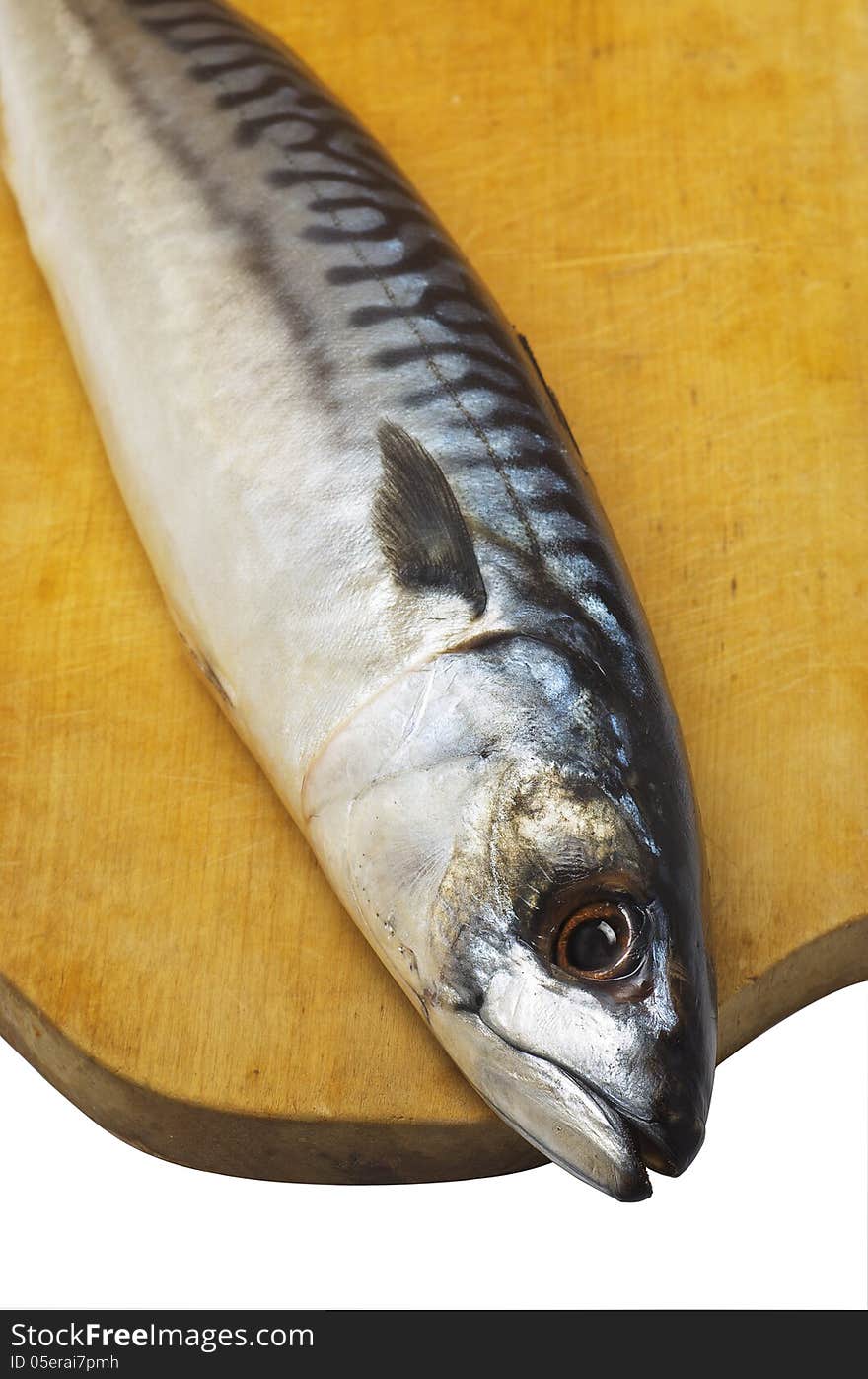 Mackerel, lies on a wooden board, close-up