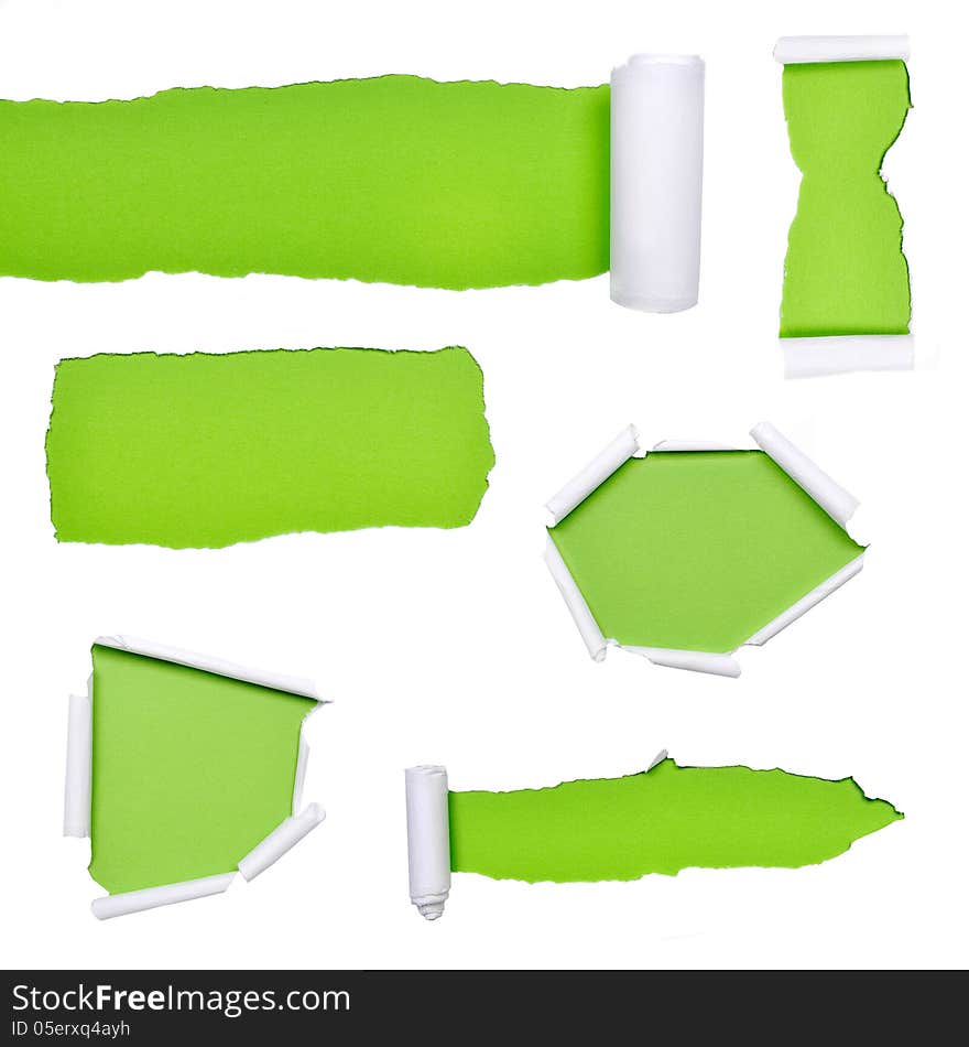 Set of torn paper with green background