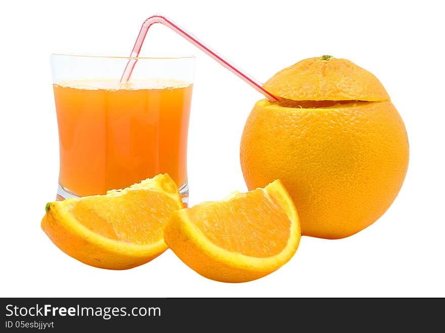 Orange juice and orange on a white background