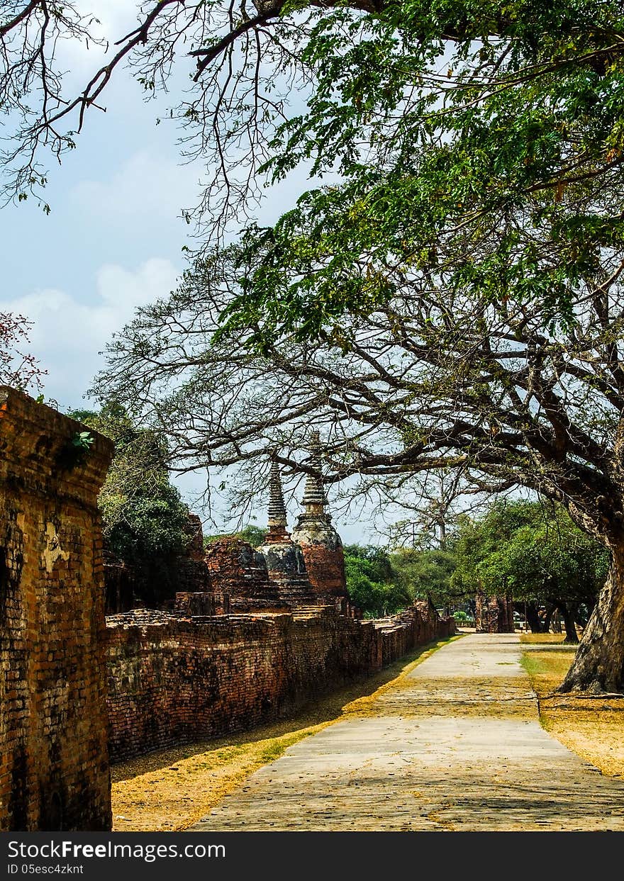 The way around Pagoda in wat Phar Sri Sanphet temple at Ayuttaya