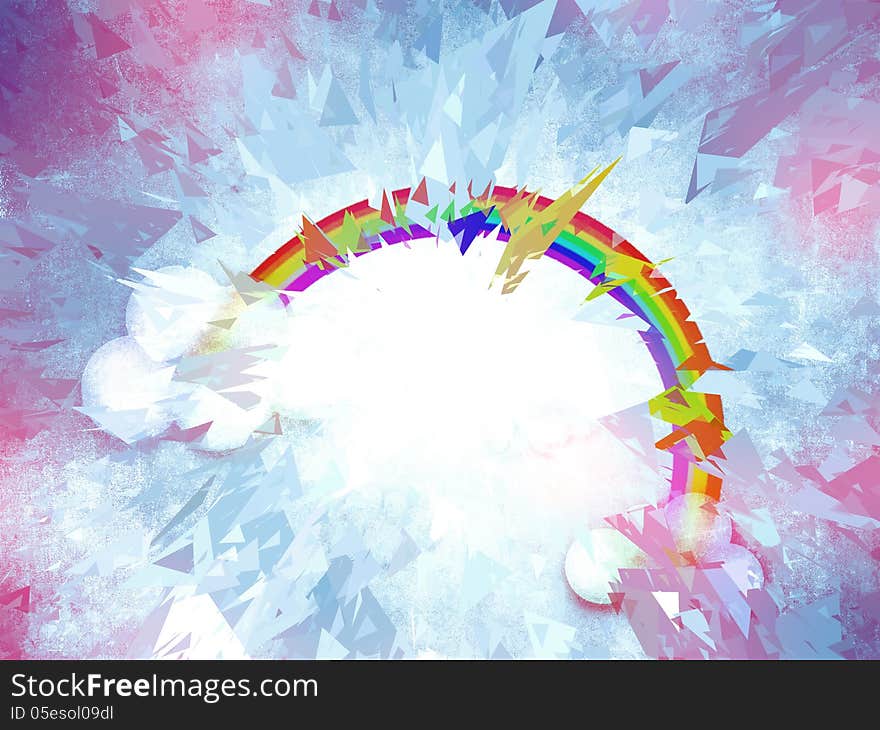 Grunge illustration of colorufl rainbow and clouds on blue. Grunge illustration of colorufl rainbow and clouds on blue.