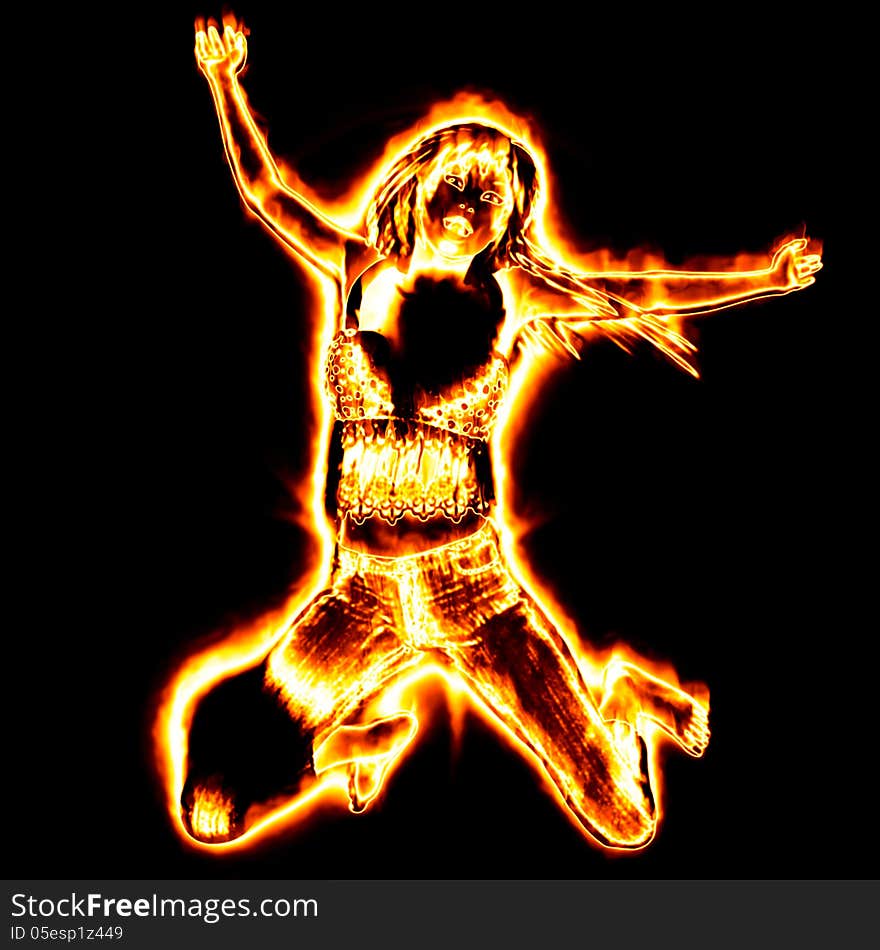 3d girl from fire dancing on black background. 3d girl from fire dancing on black background.