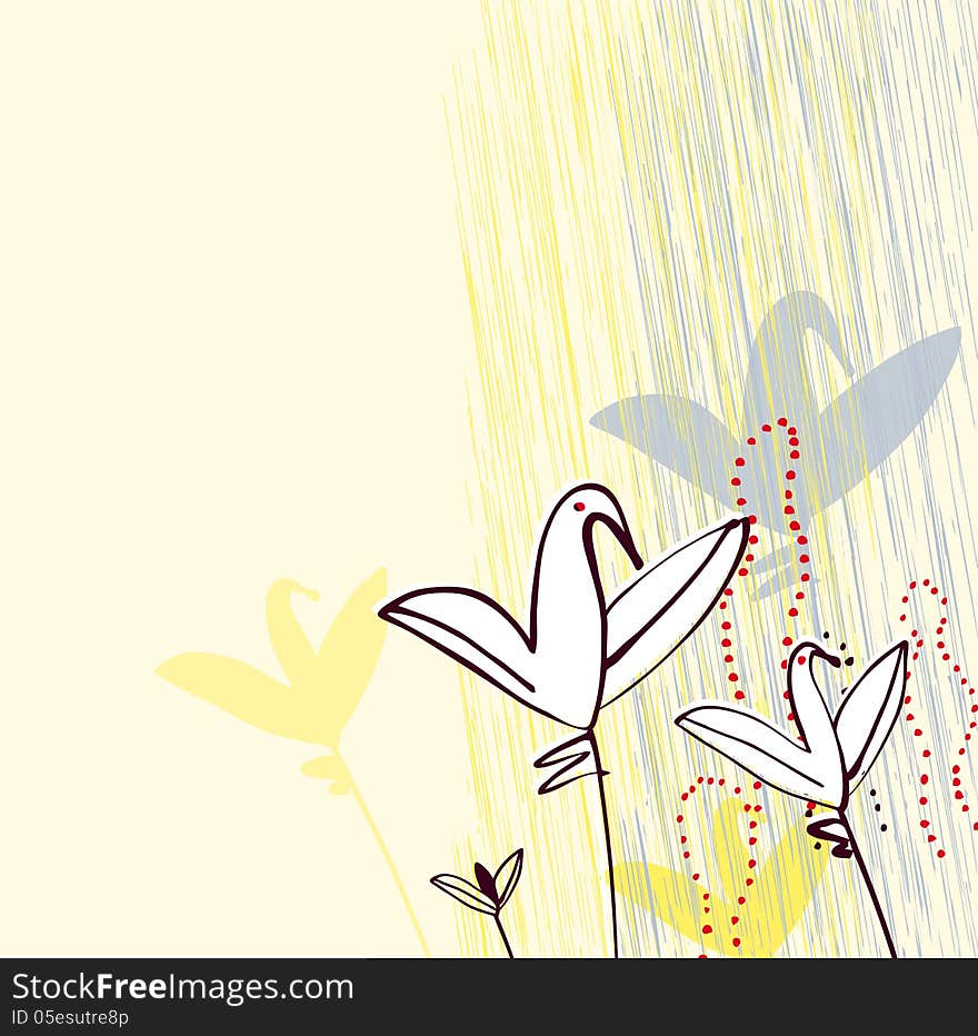 Birds as flowers. Invitation, greeting, postcard design template. Hand-drawn style. EPS 10 vector.