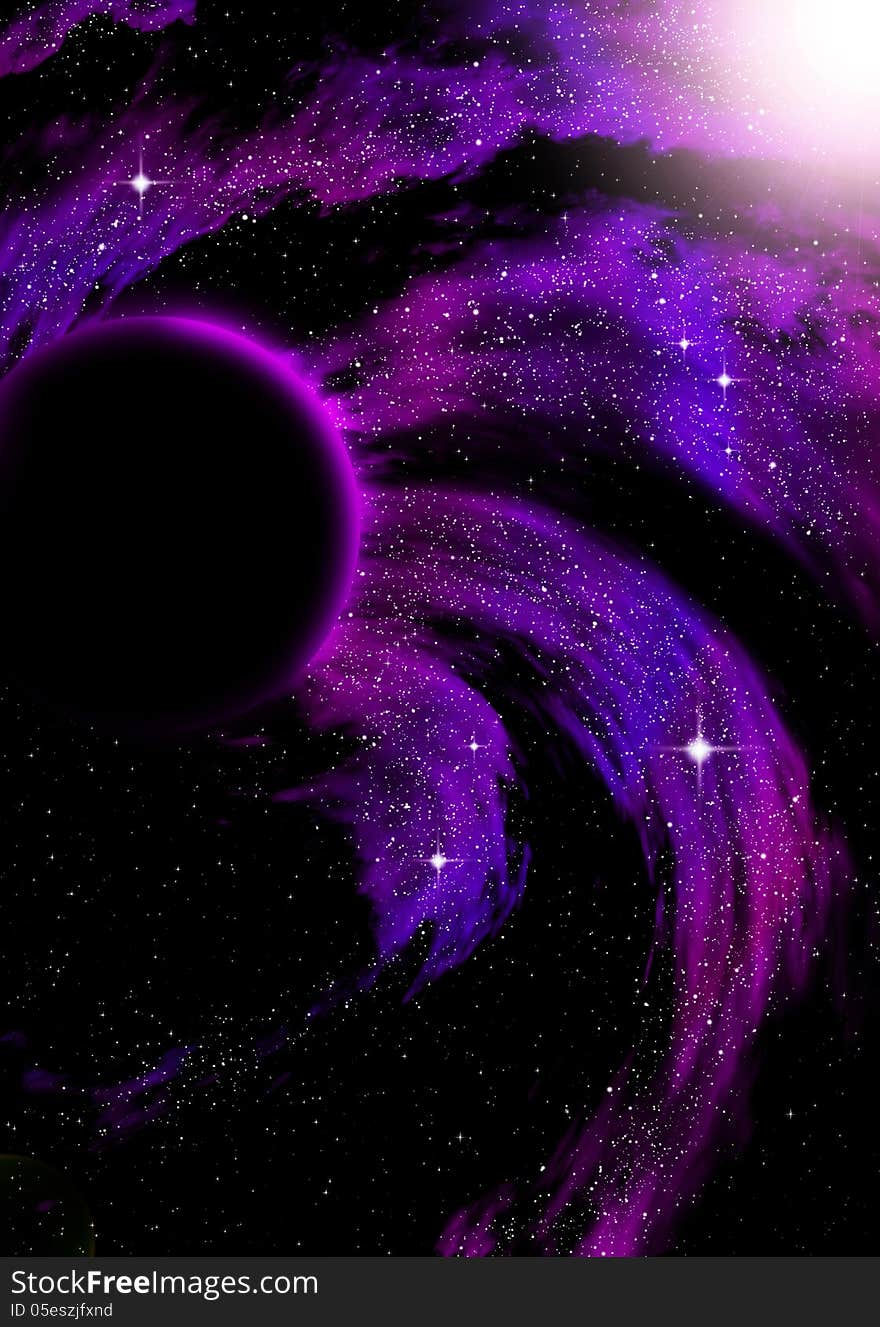 Illustration of an open space scenario with purple nebula and dark planet. Illustration of an open space scenario with purple nebula and dark planet