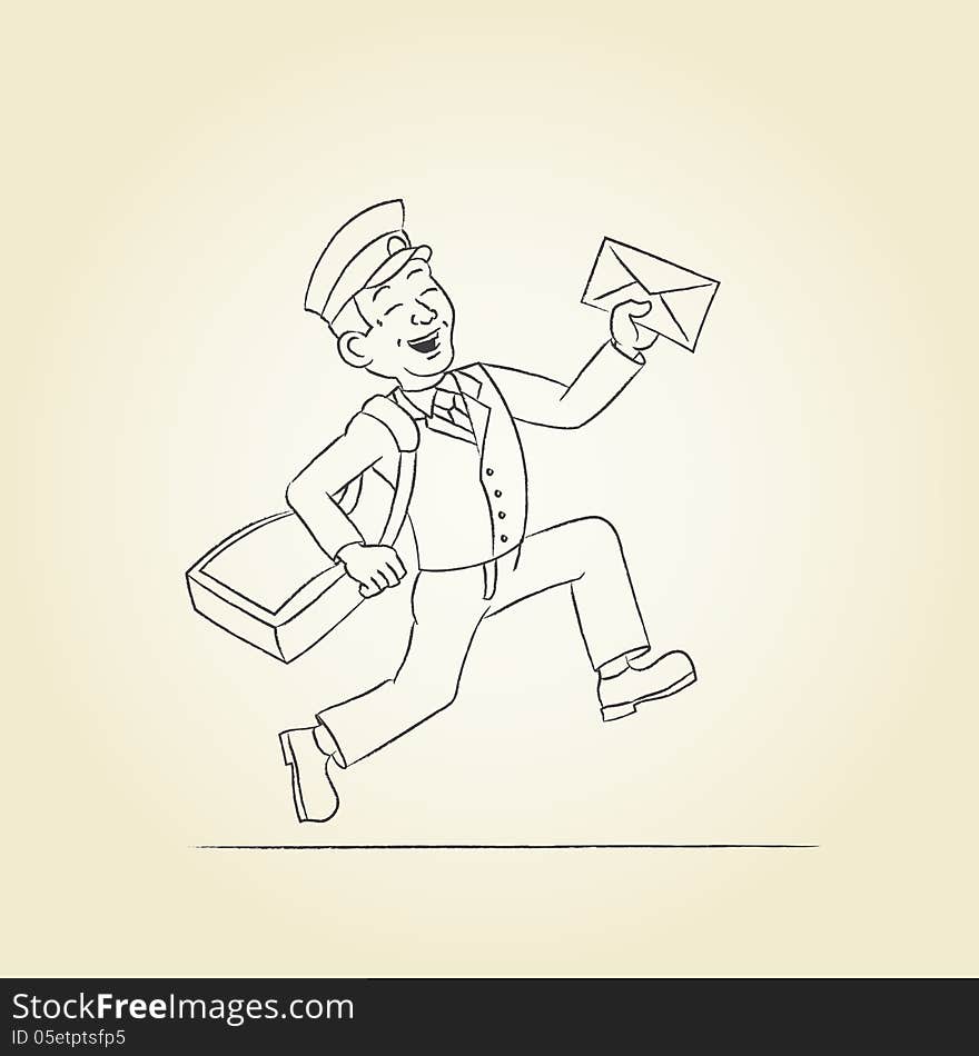 A postman with a bag and a letter. Sketch illustration. A postman with a bag and a letter. Sketch illustration.