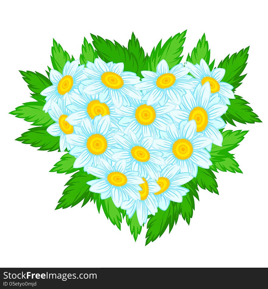 Heart shaped bunch of daisies or chamomiles with leaves. Heart shaped bunch of daisies or chamomiles with leaves