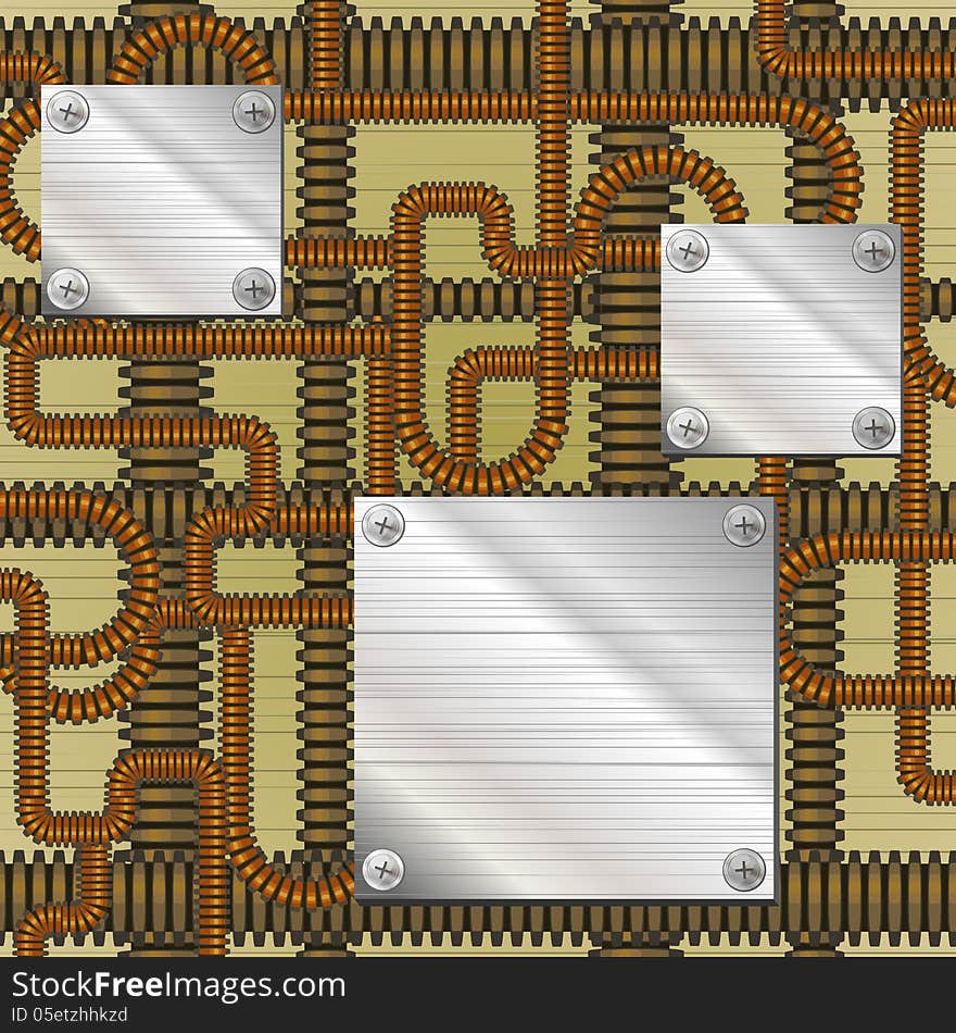 Abstract techno background with rust pipes and metal plates. Abstract techno background with rust pipes and metal plates