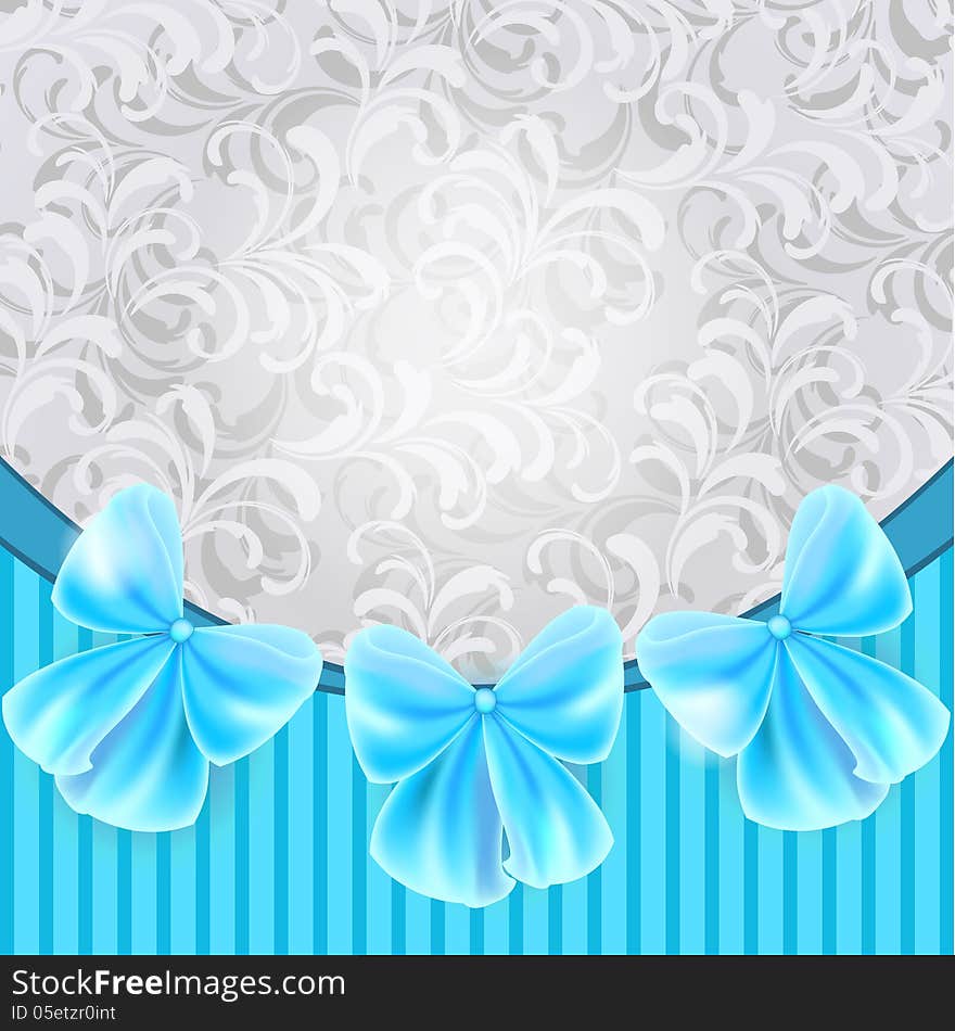 Silver gray and blue ornate background with blue bows. Silver gray and blue ornate background with blue bows