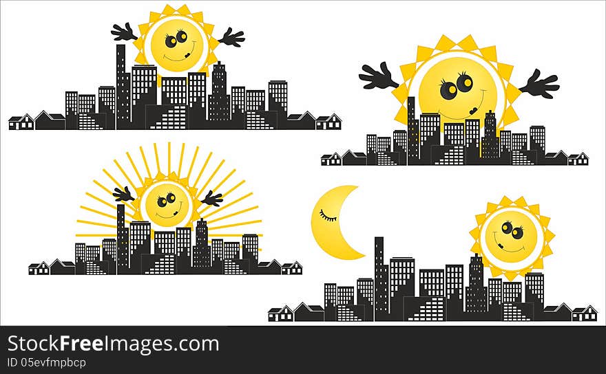 Black city and yellow sun and sunrise. Black city and yellow sun and sunrise