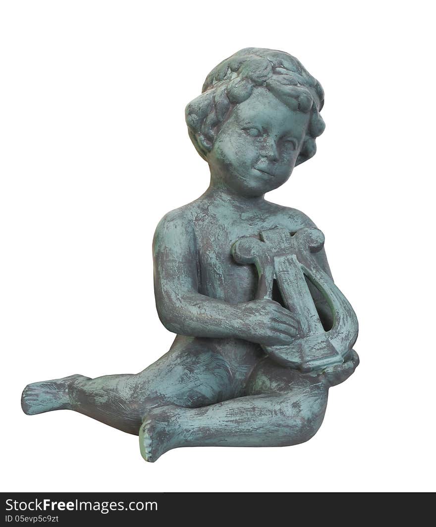 Statue Of Cherub Playing Lyre Isolated.