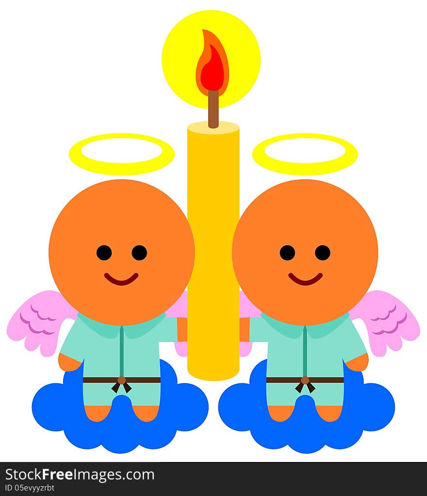 An illustration of two cute angels holding a candle. An illustration of two cute angels holding a candle