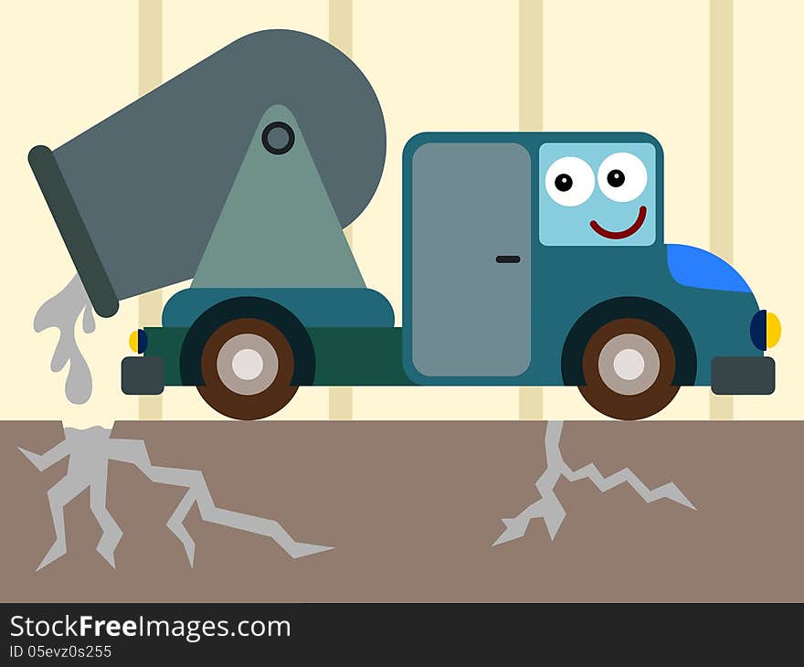 Illustration of a cement mixer truck pouring cement in cracks of a street