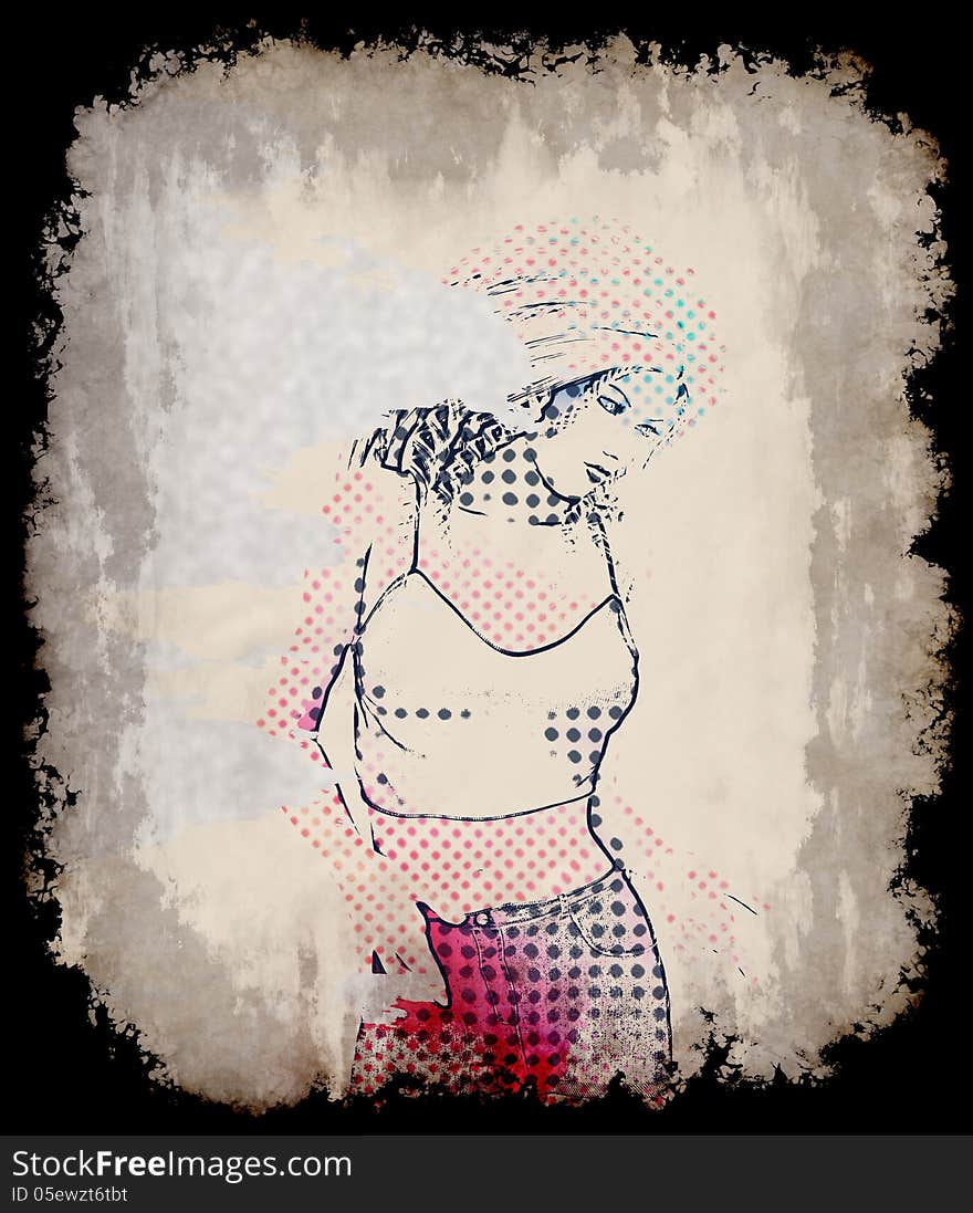 Beautiful girl with colorful grunge halftone effect. Beautiful girl with colorful grunge halftone effect.