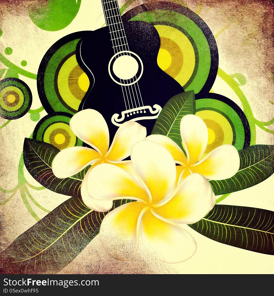 Grunge musical background with white plumeria flowers and guitar. Grunge musical background with white plumeria flowers and guitar.