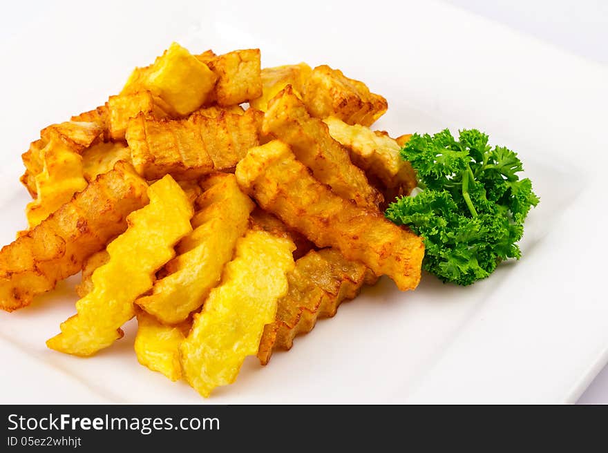 Fried sliced ​​curly sticks potatoes