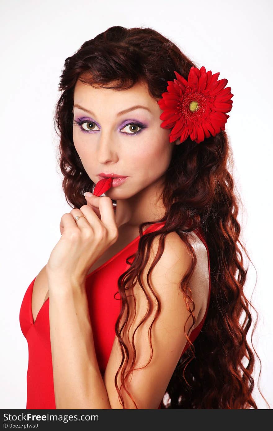 The girl in a red dress with red gerberas. The girl in a red dress with red gerberas